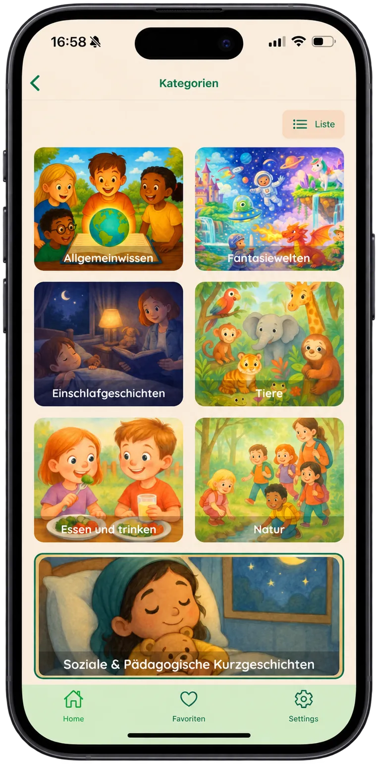 Screenshot der Abenteuerland-App: die Kategorienübersicht mit bebilderten Kacheln für Allgemeinwissen, Fantasiewelten, Einschlafgeschichten, Tiere, Essen und trinken, Natur sowie Soziale und Pädagogische Kurzgeschichten.
