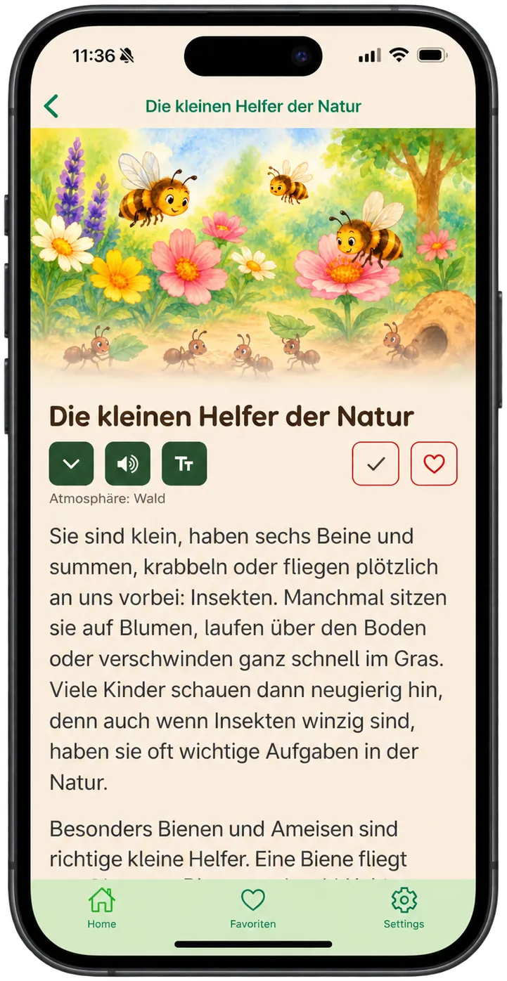 Screenshot der Abenteuerland-App: die Geschichte „Die kleinen Helfer der Natur“ mit einer Aquarell-Illustration von Bienen und Ameisen, darunter Schaltflächen zum Vorlesen und zur Schriftgröße sowie der Anfang des Textes.