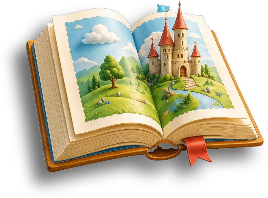 Aufgeschlagenes Bilderbuch, aus dem eine Landschaft mit Burg und Fluss aufsteigt.