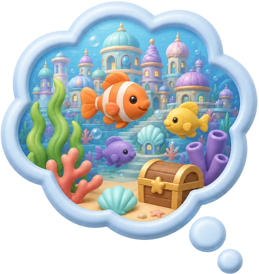 Gedankenblase mit einer Unterwasserwelt voller Fische, Korallen und einer Schatztruhe.
