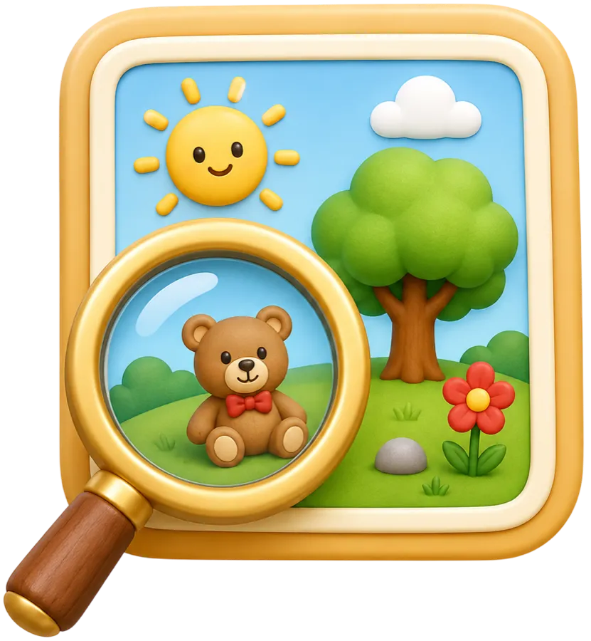 Bilderrahmen mit Wiese und Baum, davor eine Lupe, die einen Teddybären vergrößert.
