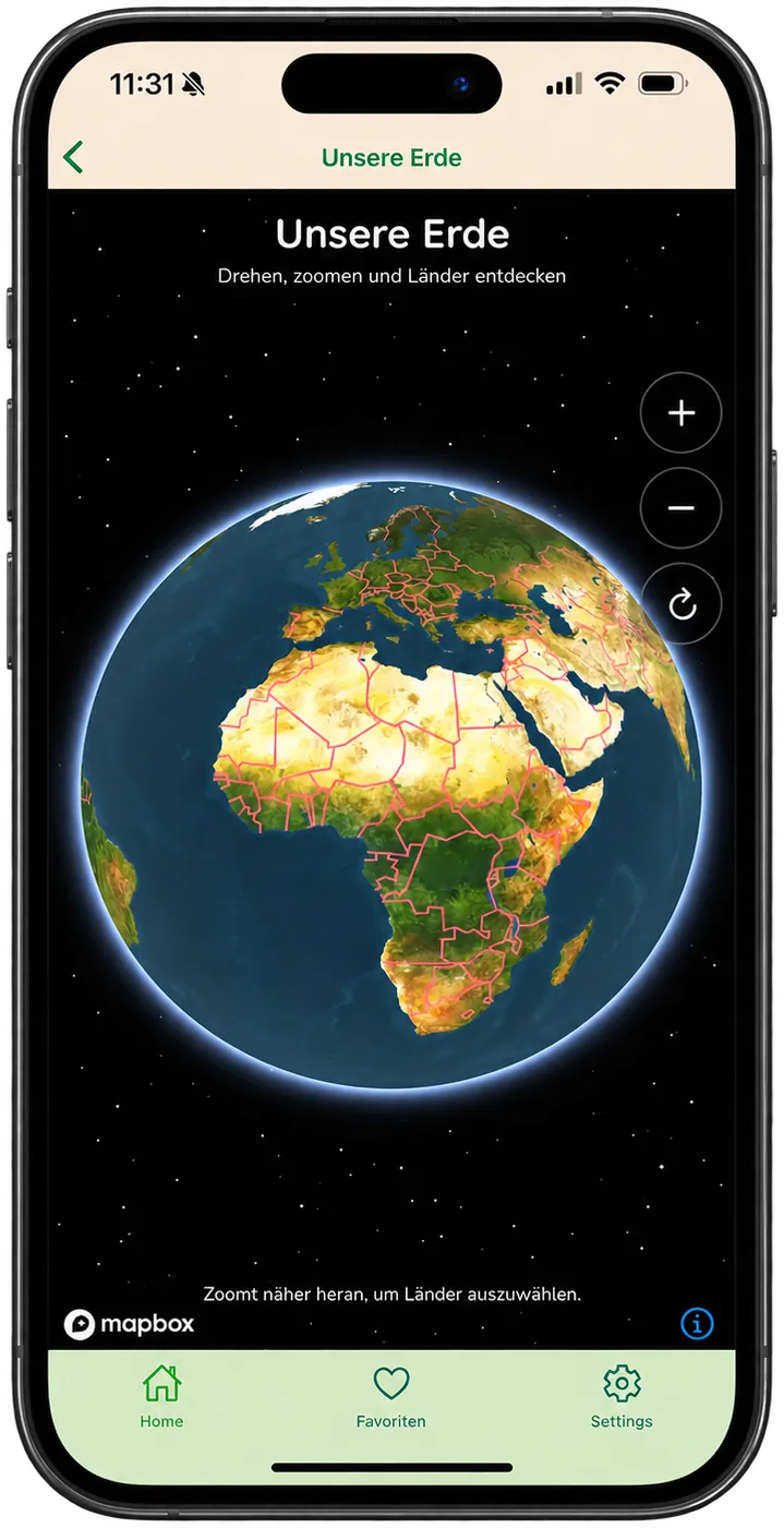 Screenshot der Abenteuerland-App: ein dreidimensionaler Globus vor Sternenhimmel mit eingezeichneten Ländergrenzen und dem Hinweis, zum Auswählen näher heranzuzoomen.